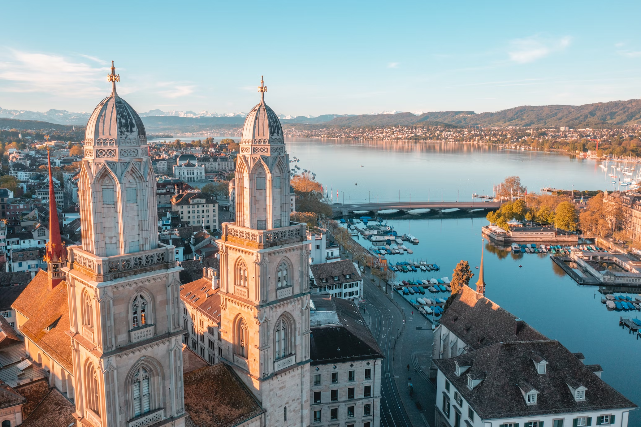 Zurich with Grossmünster Church and view of the lake